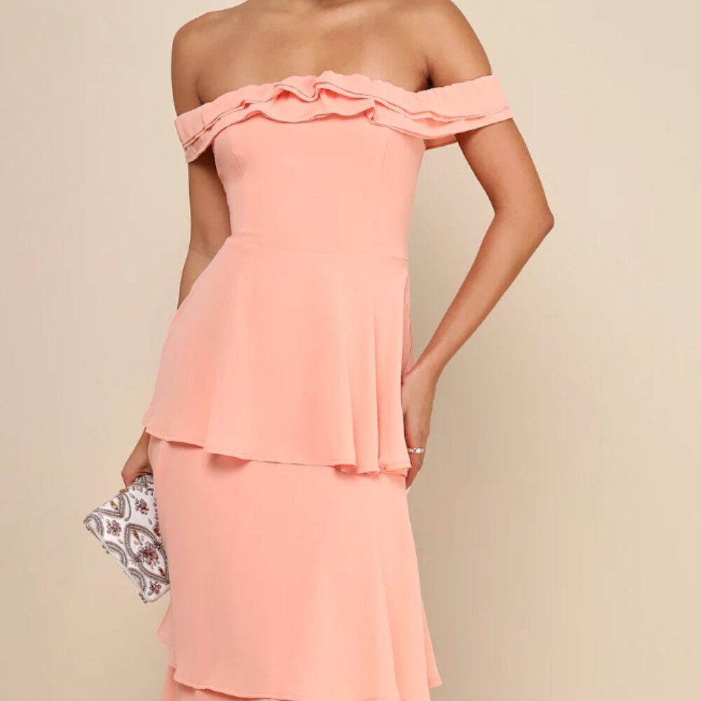 Delightful Essence Peach Off-the-Shoulder Tiered Maxi Dress - Size XS